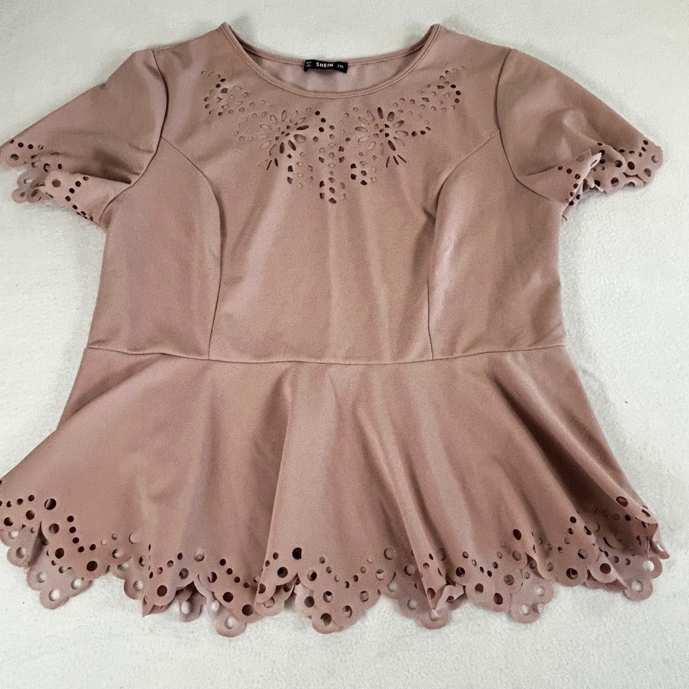 Coquette Romantic Soft Girl Peplum Blouse‎ Women 2XL Pink Rose Eyelet Top